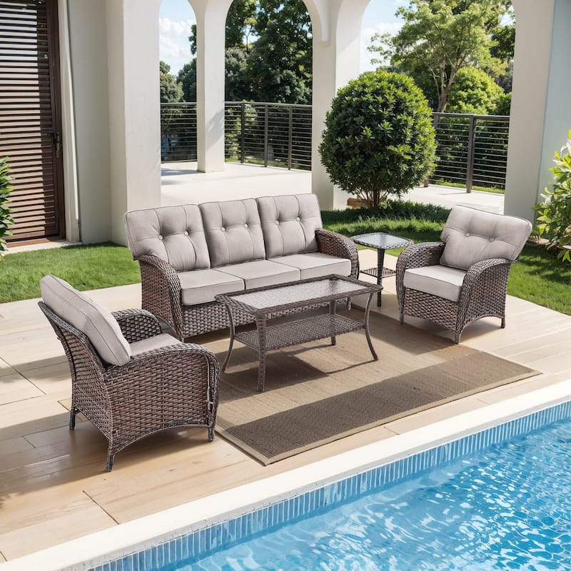Pocassy Ooutdoor Patio Sofa Funiture Chairs Set - 5 Pieces - Brown Wicker & Beige cushion