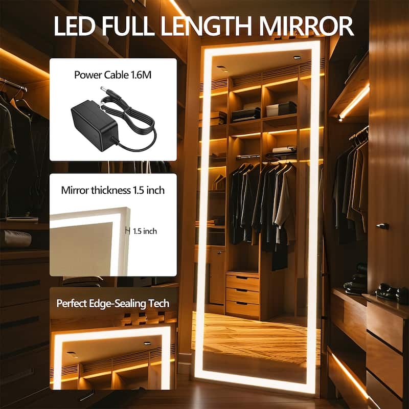 67x24 Inch Full Length Mirror With Lights,Full Body Dressing Standing, Hanging Mounted Mirror,Square Black
