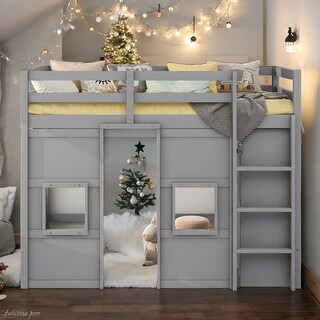 Twin Loft Bed with Wardrobe & Windows - Gray