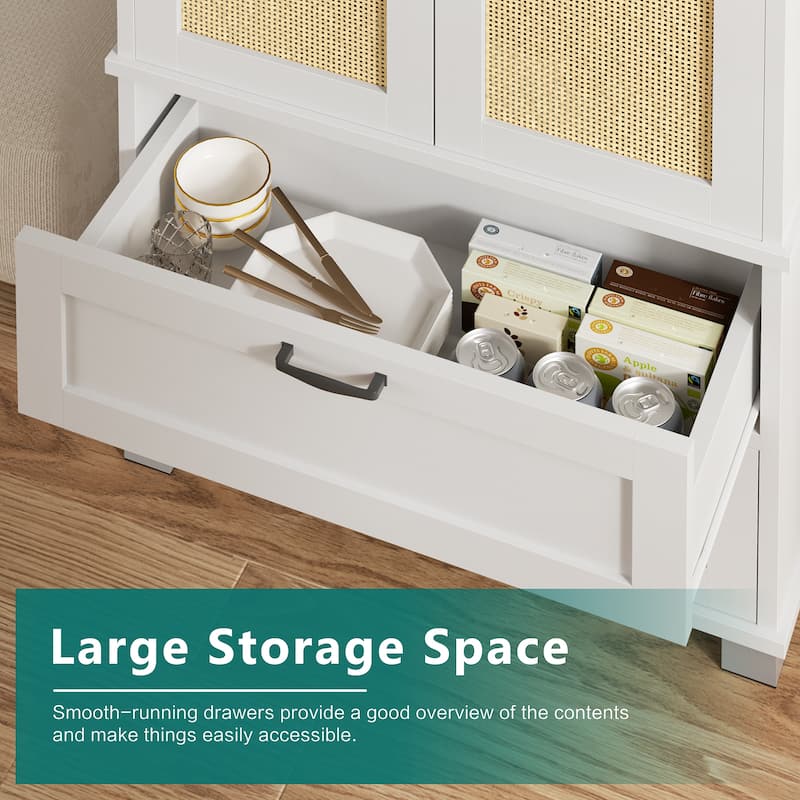 Rattan Door Pantry Storage Cabinet with Wine Rack - Freestanding Storage Organizer with Anti-Tip