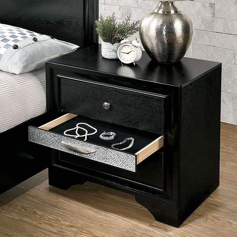 Modern Wooden Nightstand/Bedside Table with Silver Accents and Hidden Jewelry Drawers - Black