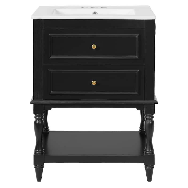 24" Bathroom Vanity with Ceramic Sink, Bathroom Storage Cabinet with Open Shelf, Retro Design Bathroom Cabinet with 2 Drawers