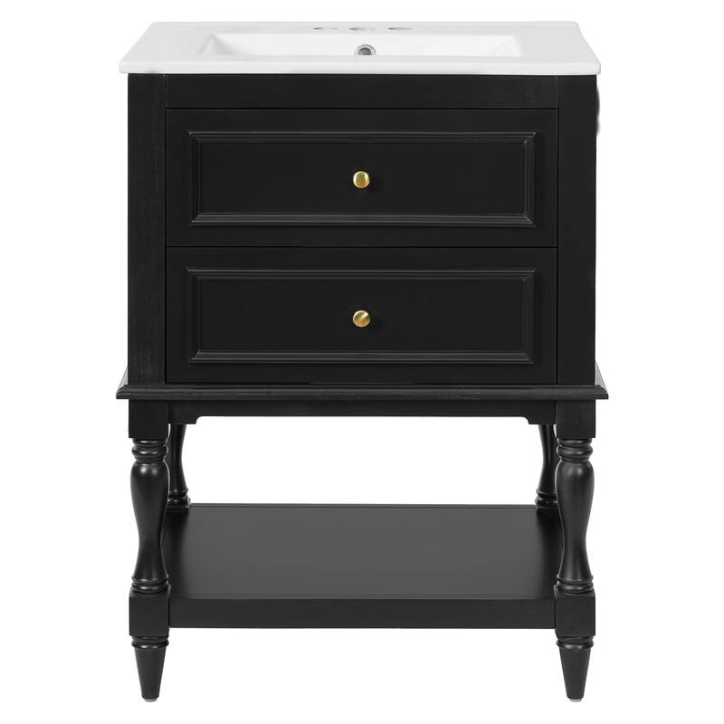 24" Retro Bathroom Vanity with Ceramic Sink & 2 Drawers - Solid Wood Storage Cabinet with Open Shelf