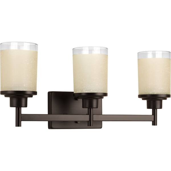 slide 2 of 5, Alexa Collection Three-Light Antique Bronze Etched Umber Linen With Clear Edge Glass Modern Bath Vanity Light 9.4375" x 22" x 6.125"