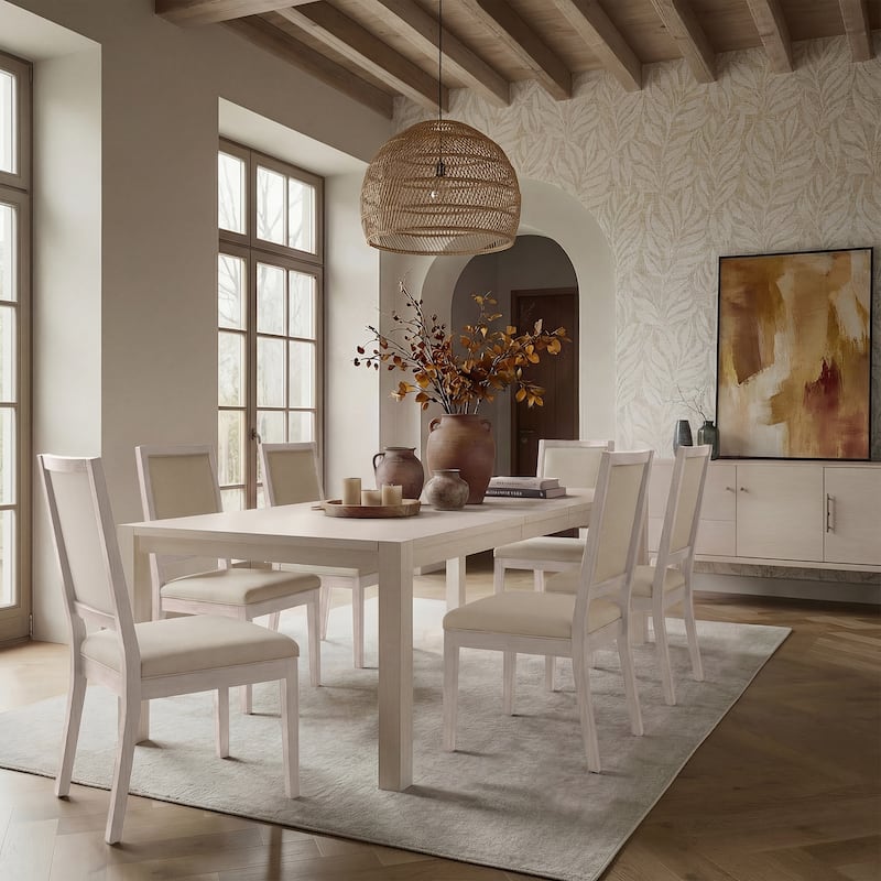 Modern Linen Cushioned Dining Chair, Fully Upholstered Accent Chair - Set of 8 - WHITEWASHED