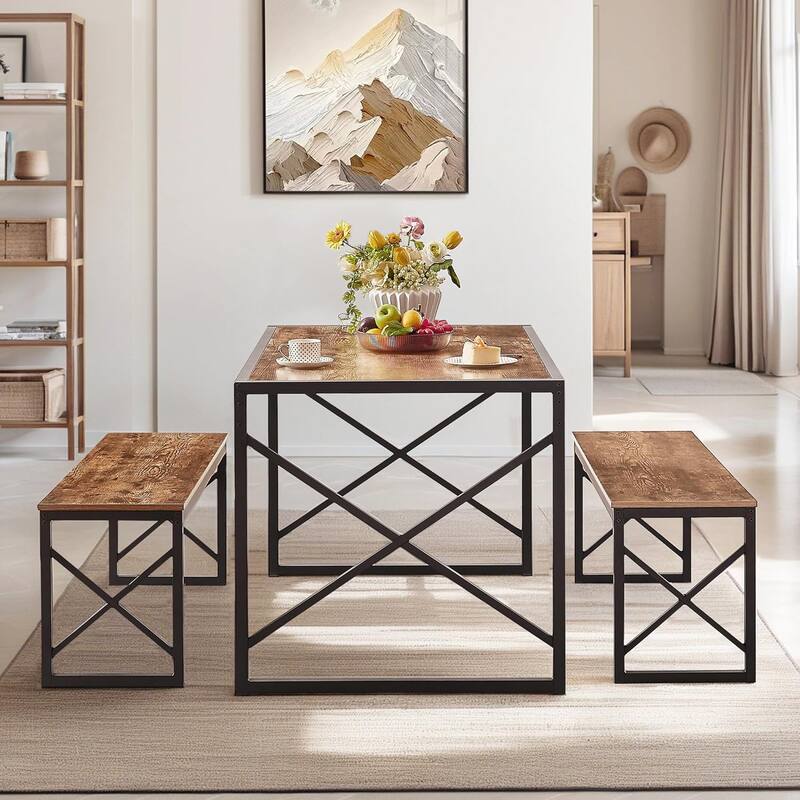 44.3" Dining Table with Benches Kitchen Table set for 4 Rectangular Dining Room Table Set with 2 Metal Wood Benches