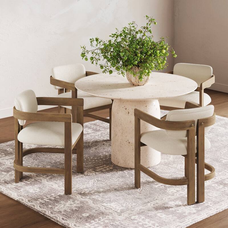 Veya Modern Boucle Dining Chair with Curved Back, Full Armrests, and Solid Wood Legs - Set of 4