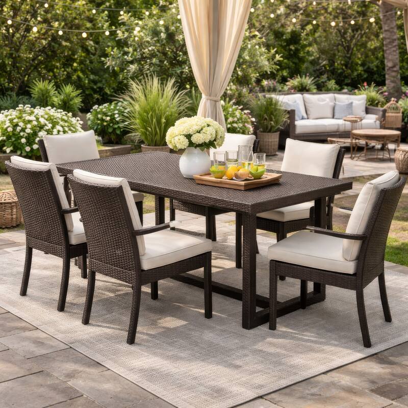 Sanie Outdoor Dining Table, 59 Inch Top, Iron Frame, Brown Resin Wicker