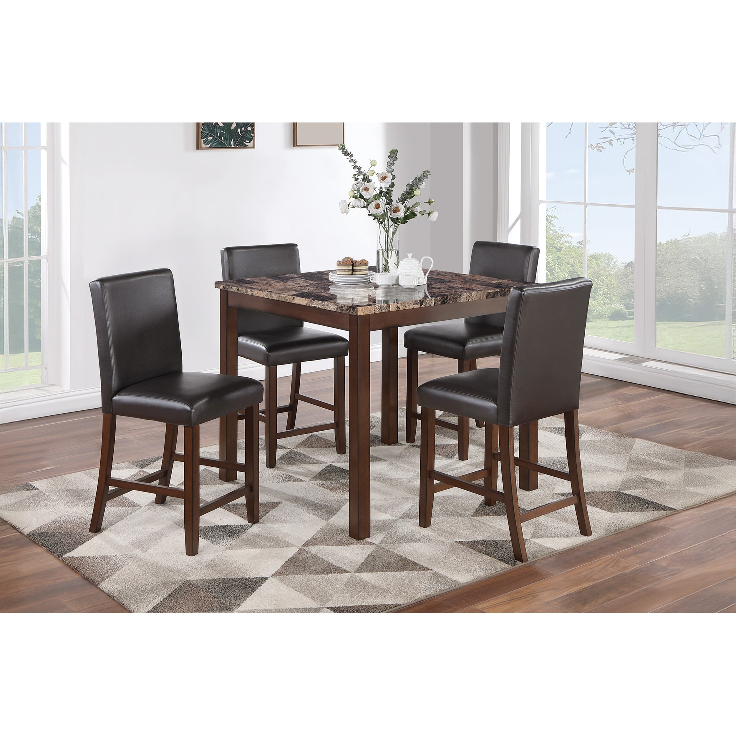 Modern Counter Height Dining Table Set 5pc Upholstered Chairs Espresso Finish