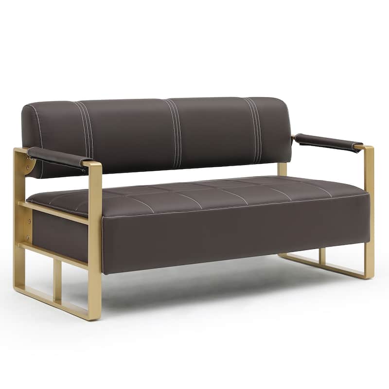 Upholstery Faux Bonded Leather Loveseat Sofa with Golden Metal Arms