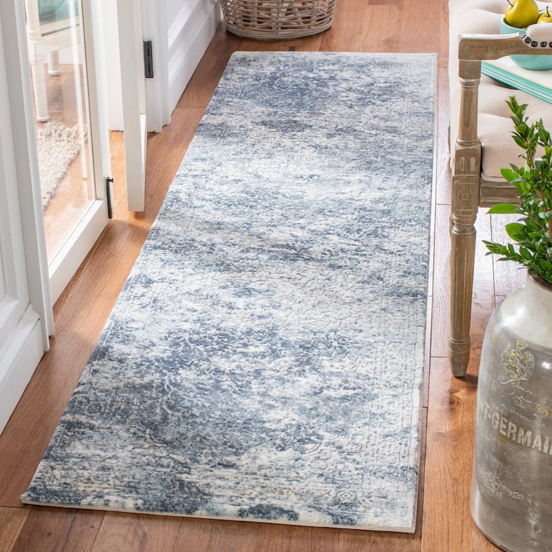 SAFAVIEH Martha Stewart Stanka Vintage Abstract Polyester Rug - 2'2" x 8' Runner - Cream/Blue