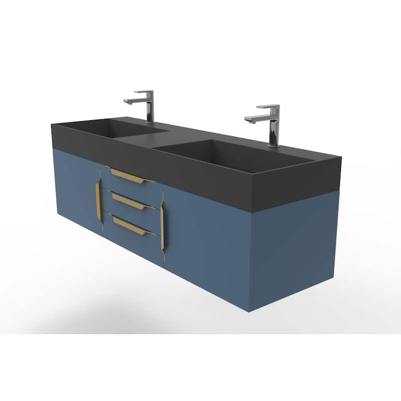 Amazon 60" Wall Mounted Bathroom Vanity Set w/ Black Top