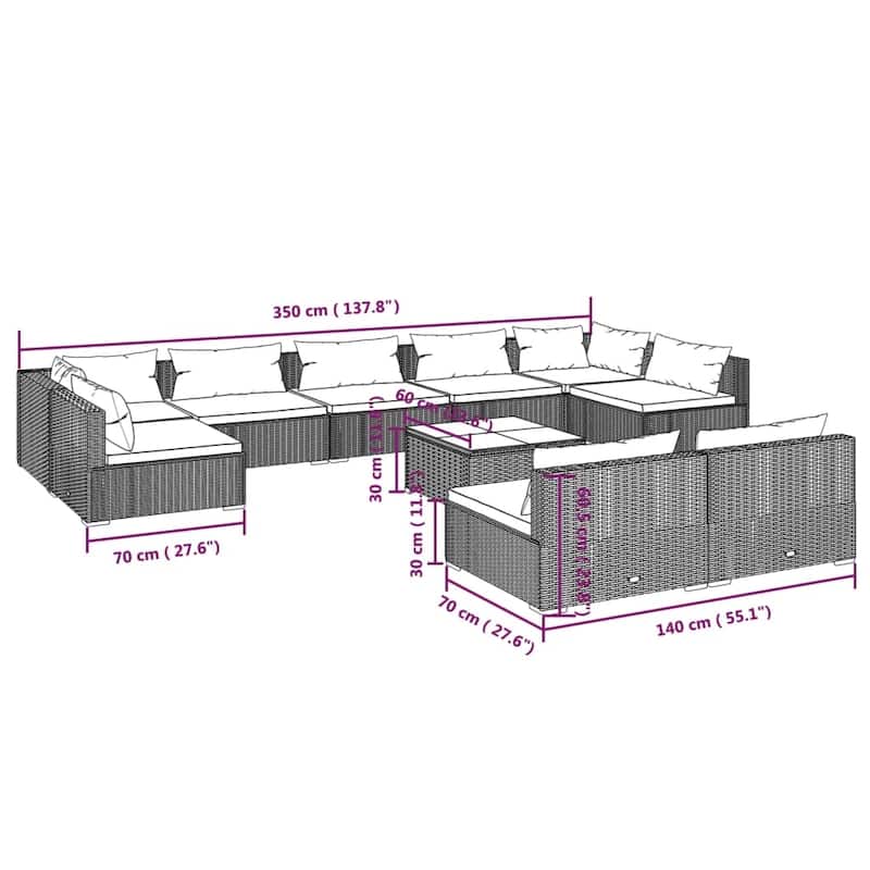vidaXL Patio Lounge Set with Cushions Brown Poly Rattan - 27.6" x 27.6" x 24" - 27.6" x 27.6" x 24"