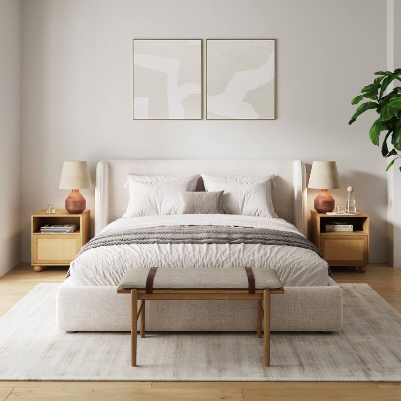 Franco Faux Rattan Side Table Nightstand with Storage, Rustic Bedside Table with Solid Wood Legs