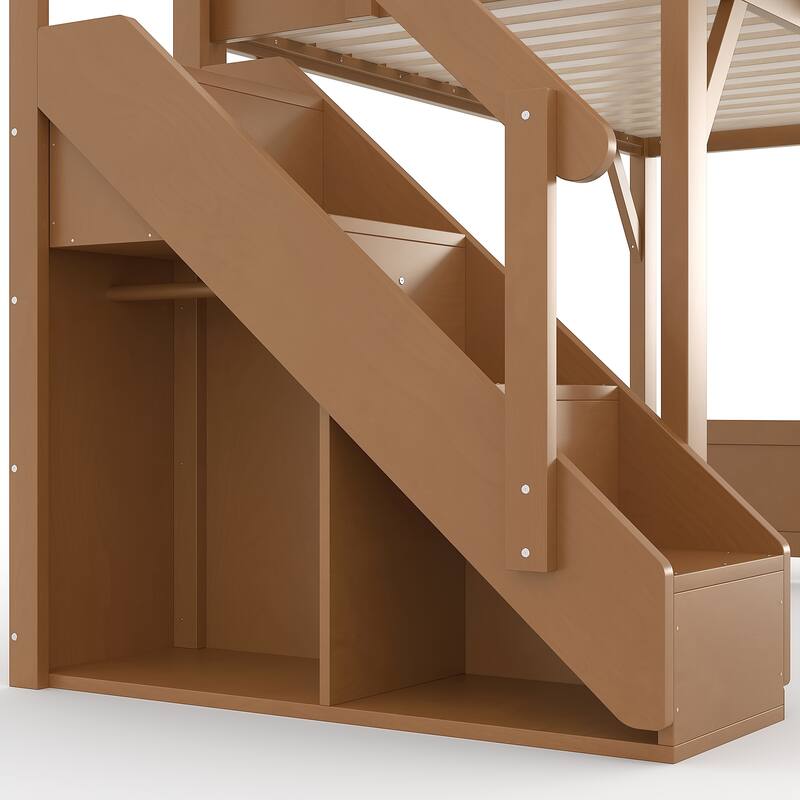 Full/Twin Loft Bed with Built-in Wardrobe, Storage & Stairs - Solid Wood, Full-Length Guardrails, No Box Spring