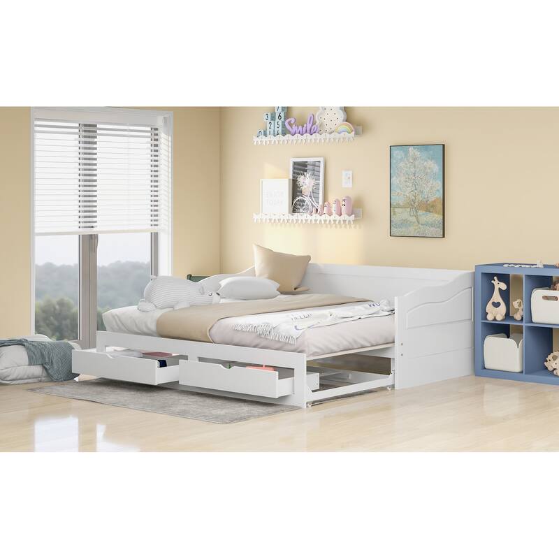 White Twin Pine Extendable Daybed with Drawers