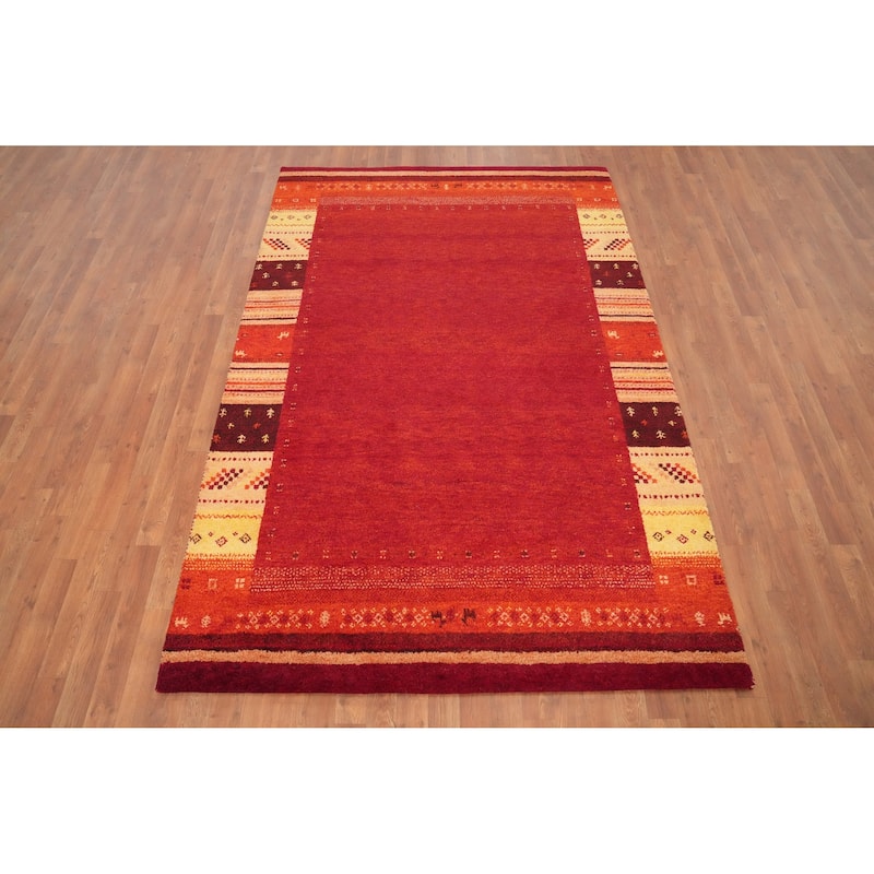 Hand Knotted Oriental 100% Wool Carpet Modern Bordered Red Gabbeh Area Rug - 7' 11'' X 5' 4''