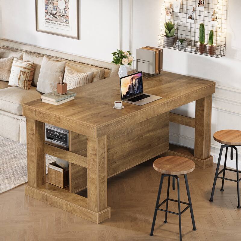 55-Inch Large Home Bar Unit, 3-Tier Pub Table with Storage Shelves - N/A