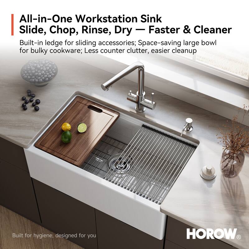 HOROW 33 in. Farmhouse Single Bowl White Ceramic Kitchen Sink with Front Apron, Workstation, Bottom Grid and Strainer