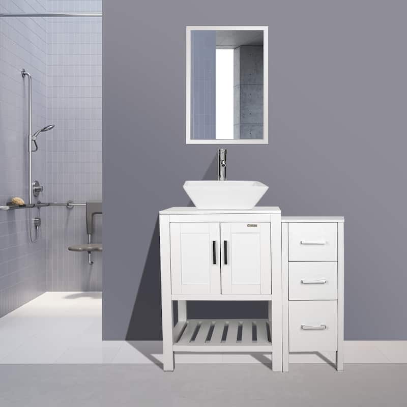36" Bathroom Vanity Set Tempered Glass Ceramics Vessel Sink With Side Cabinet Combo - white ceramic square sink - White
