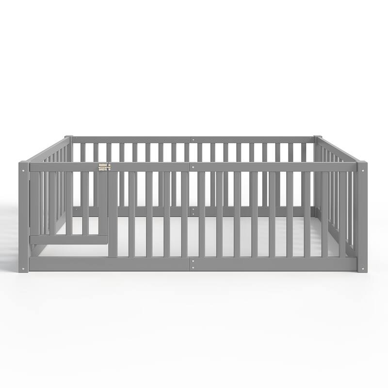 Montessori Floor Bed with Safety Guardrails & Door, Kids Low Profile Frame, Available in Queen/Full/Twin