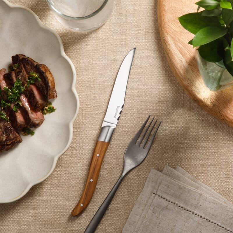 Bloomhouse 4-Piece German Stainless Steel Steak Knife Set - Premium Olive Wood Handle Steak Knives, Full-Tang Blades - Natural