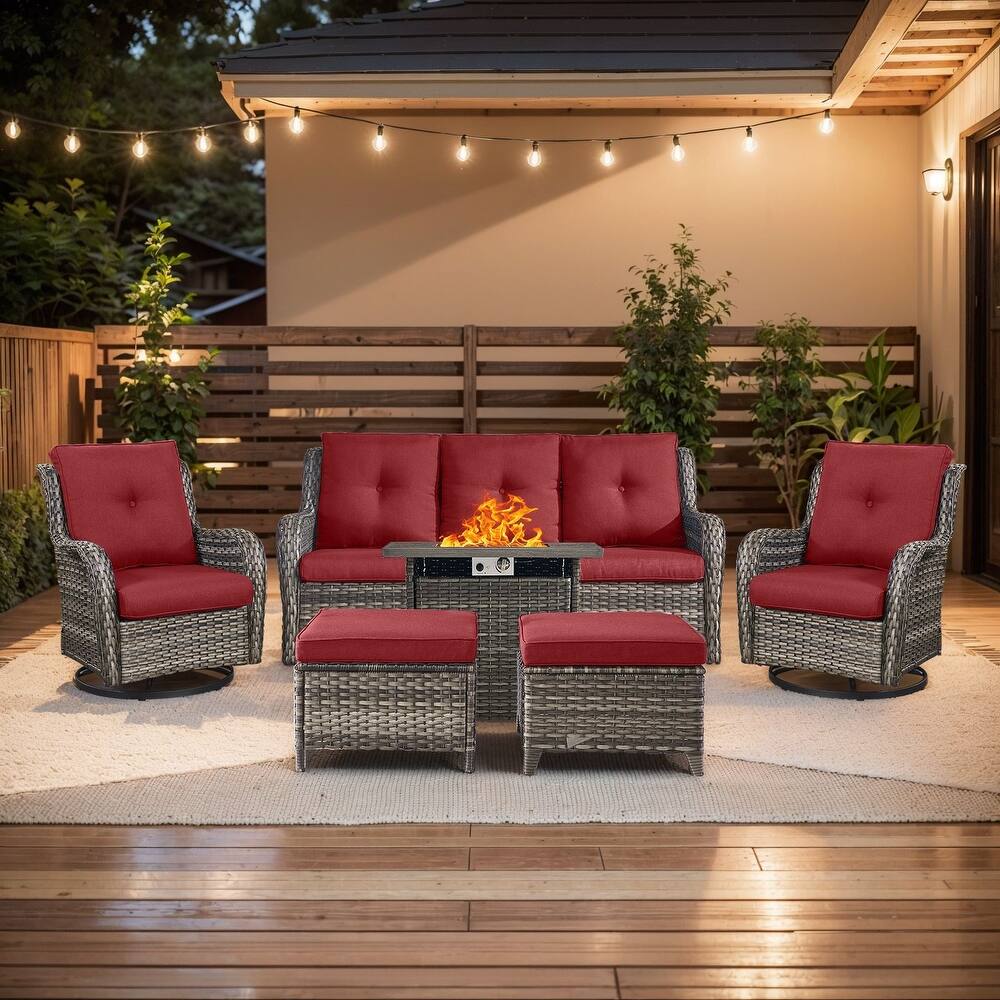 Gymojoy 6-Piece Outdoor Furniture Sofa Set with 2 Swivel Chairs, 2 Ottomans & 55K BTU Fire Pit Table