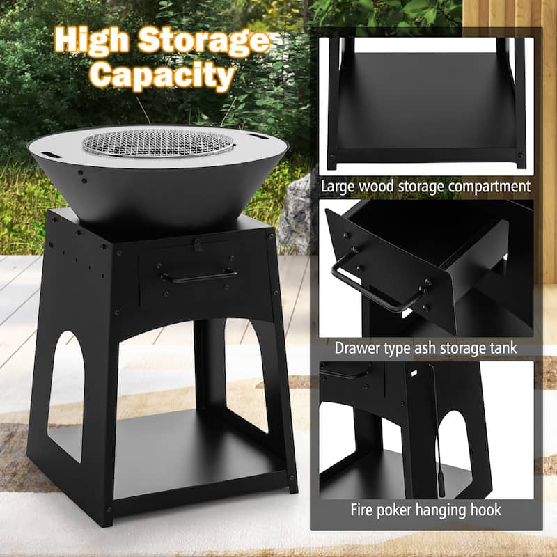 Gymax Patio Fire Pit w/ Firewood Log Rack Outdoor Wood Burning