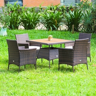Costway 5PCS Patio Rattan Dining Furniture Set Arm Chair Wooden Table - See details