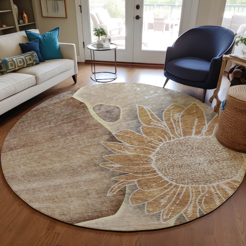 Machine Washable Indoor/ Outdoor Chantille Modern Sunflower Rug - Brown - 8' x 8'