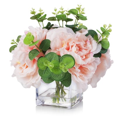 Enova Home Mixed Artificial Silk Pink Peony Faux Flowers Arrangement in Cube Glass Vase with Faux Water Home Wedding Decoration
