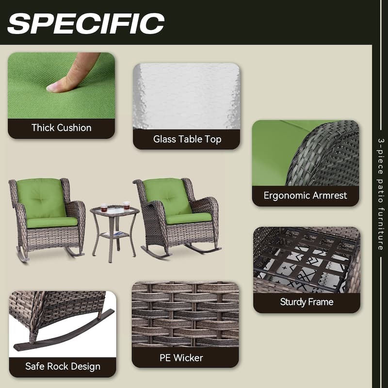 Cozywor 3-Piece Patio Wicker Outdoor Rocking Chair Set