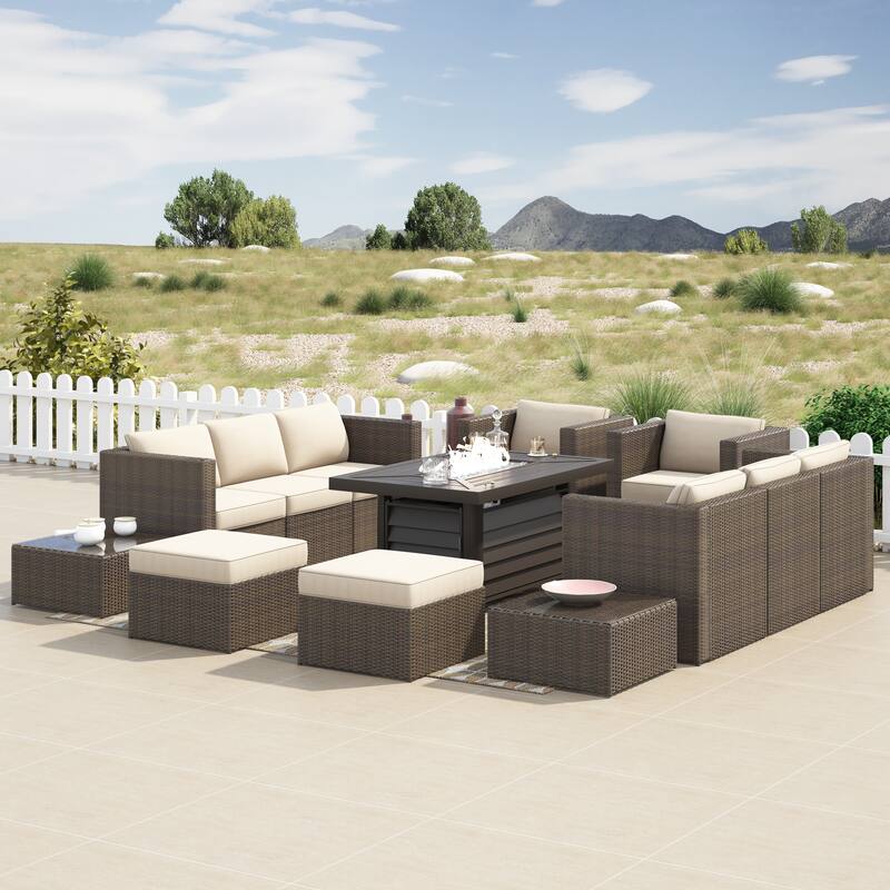 Corvus Trey 13-piece Woven Wicker Sectional Patio Furniture Set with Fire Table