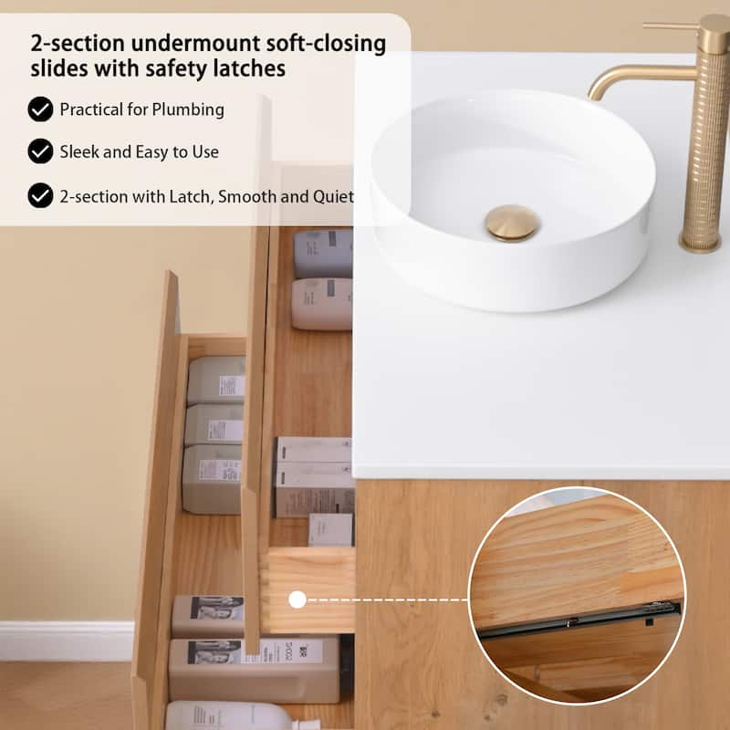 Sylphar 36 inch Toffee Oak Floating Bathroom Vanity with White Quartz Top