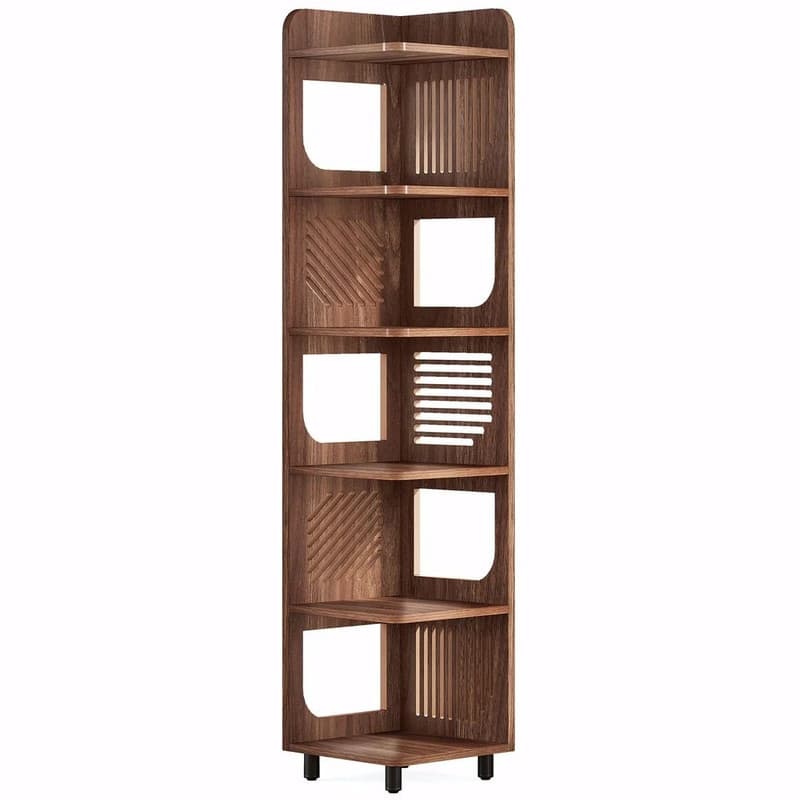 5-Tier Corner Bookshelf, Tall Brown Bookcase with Metal Legs, Right-Angle Space-Saving Storage Shelf