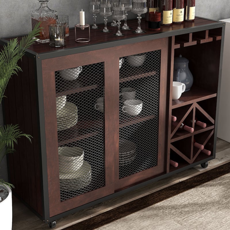 Furniture of America Hury Modern Walnut 47-inch 3-shelf Dining Buffet, Walnut Dining Sideboard with Wine Storage