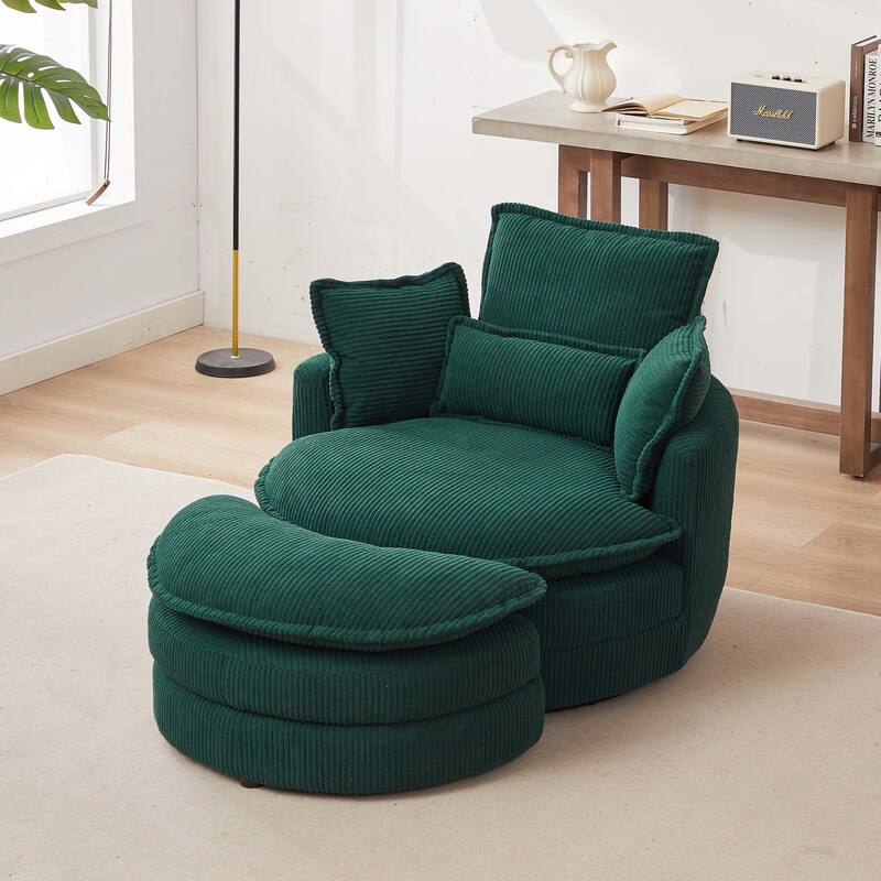 38"W Corduroy Oversized Swivel Chair with moon storage ottoman