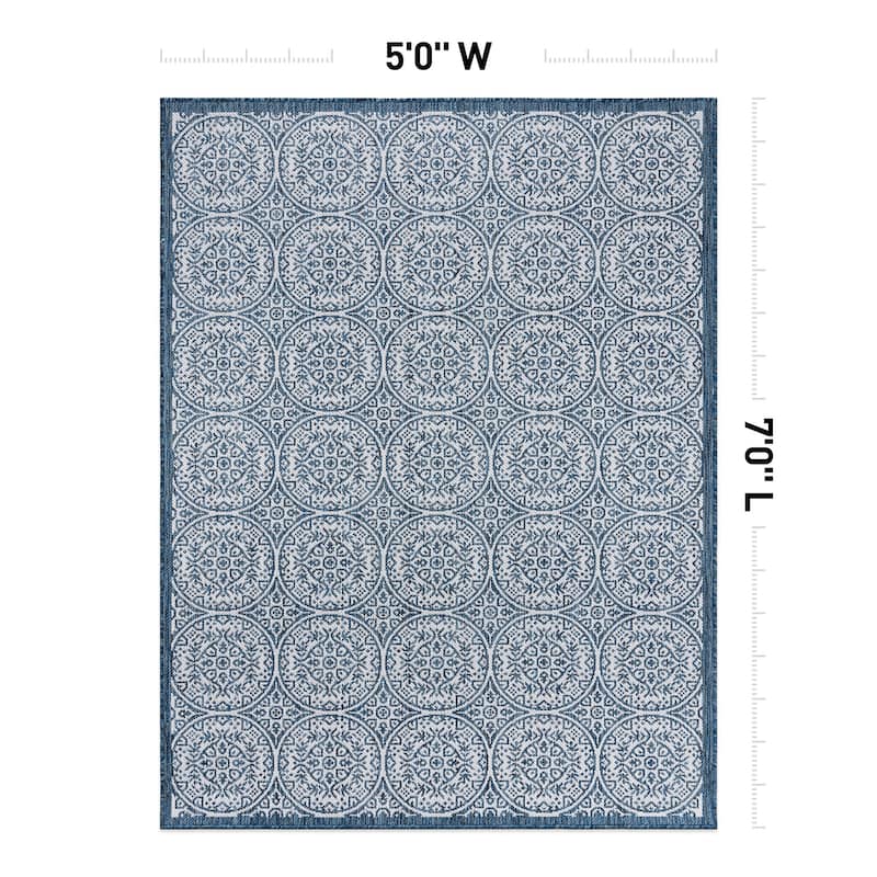 World Rug Gallery Transitional Floral Circles Textured Flat Weave Indoor/Outdoor Area Rug
