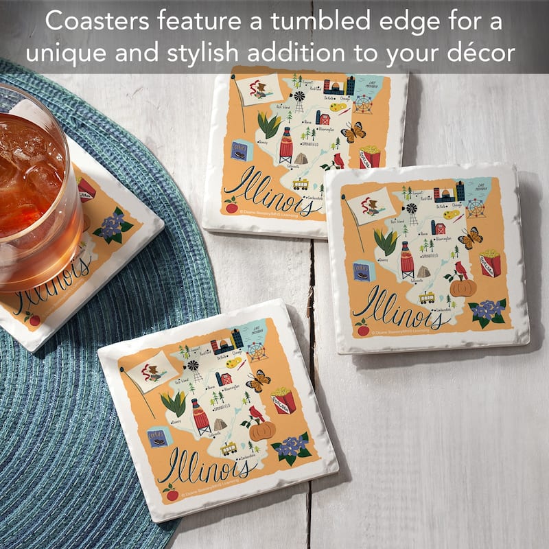 Illinois Home 4-Pack Absorbent Stone Coasters with Protective Cork Backing 4" Square Made in The USA Artistic Easily Wipes Clean