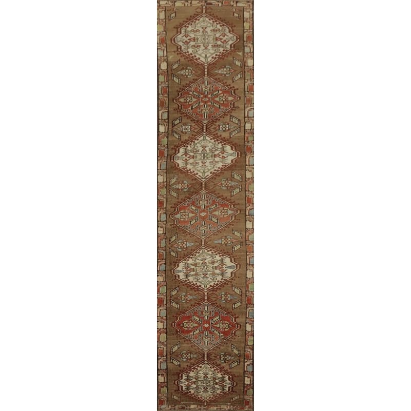 Hand Knotted Oriental 100% Wool Carpet Traditional Tribal Brown Sarab Runner Rug - 13' 9'' X 2' 2''