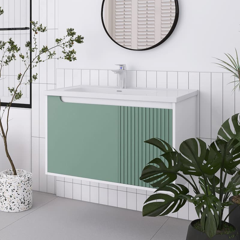 32/36/40 inch Wall Mounted Bathroom Vanity Set in Mint Green with Integrated Ceramic Sink