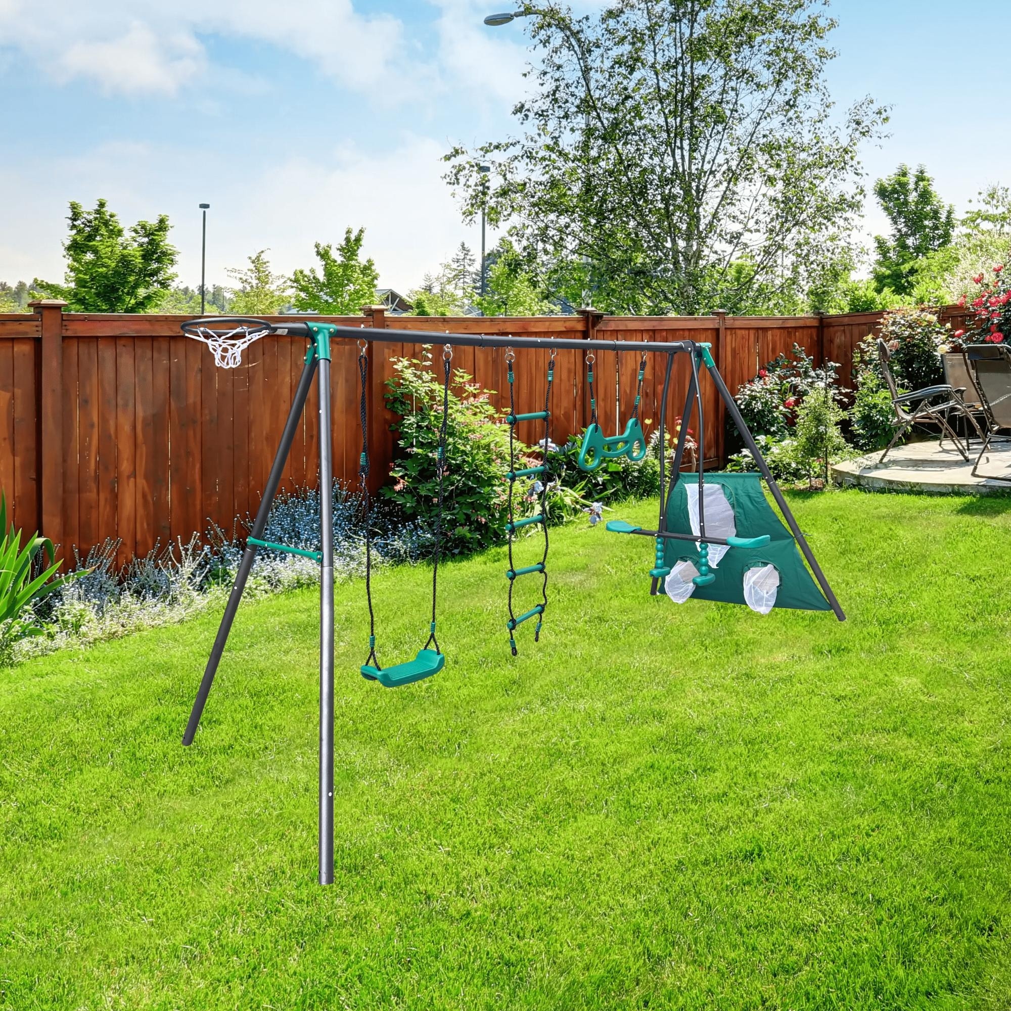 Blackish Green Interesting Four Function Swing Set with Face to Face Metal Plastic Safe Swing Seat for Outdoor Playground