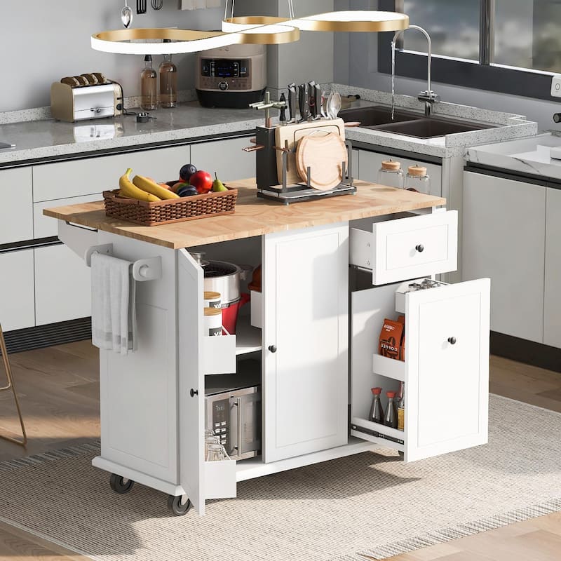 Rolling Kitchen Cart with Drop Leaf, Storage Rack, and 3-Tier Cabinet Organizer - White