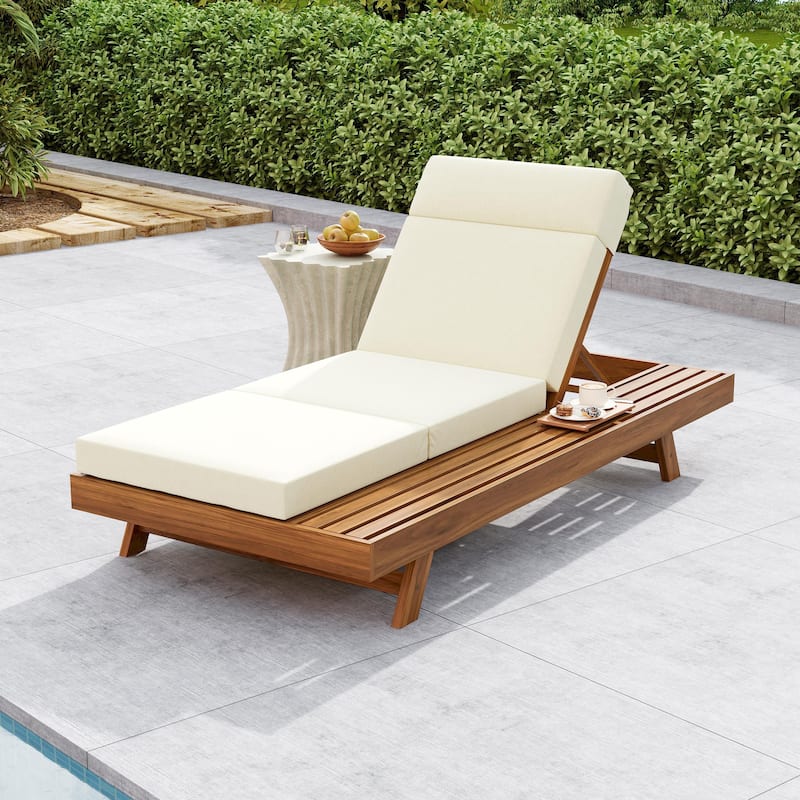One-sided Open Storage Lounge Chairs Outdoor Patio Acacia Wood Chaise Lounge with Adjustable Backrest & Water-repellent Cushions