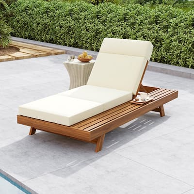 Roomfitters Acacia Wood Chaise Lounge with Headrest and Side Tray, 3-Fold 4" Cushion, Water-Resistant