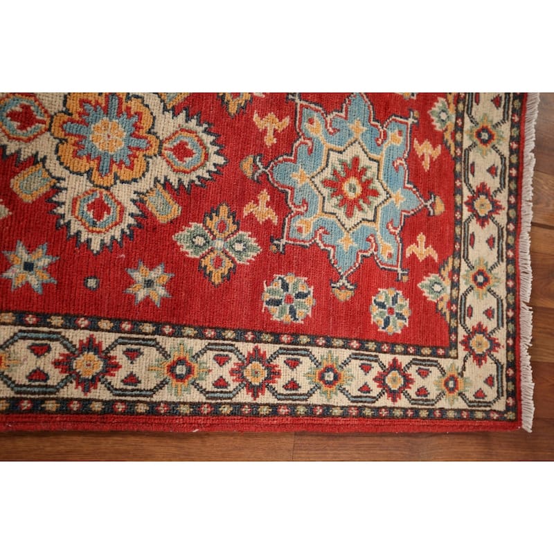 Geometric Red Kazak Oriental Runner Rug Handmade Wool Carpet - 2'2" x 5'7"