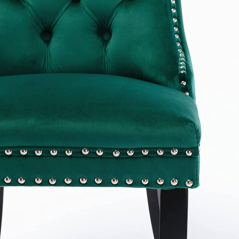 Set of 2 Velvet Dining Chairs – Tufted Upholstered Armless Accent Chairs with Nailhead Trim & Back Ring Pull