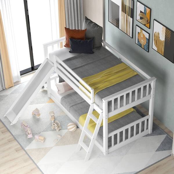 slide 2 of 25, Twin over Twin Wood Bunk Bed with Convertible Slide and Ladder White