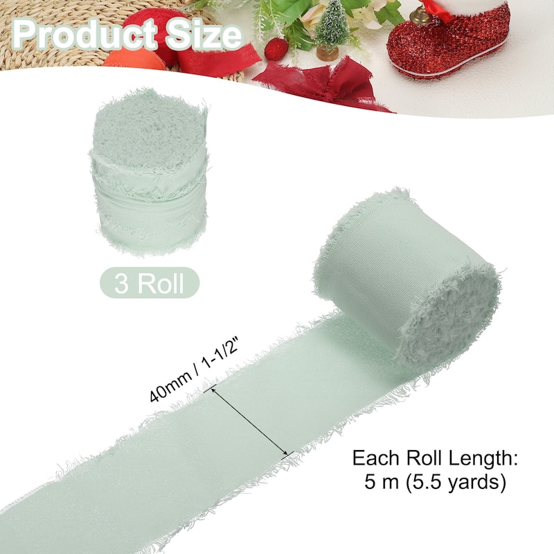 1-1/2"x16Yd Handmade Fringe Cotton Ribbon Frayed Fringe Ribbon 3Roll - 5Yd - Light Green