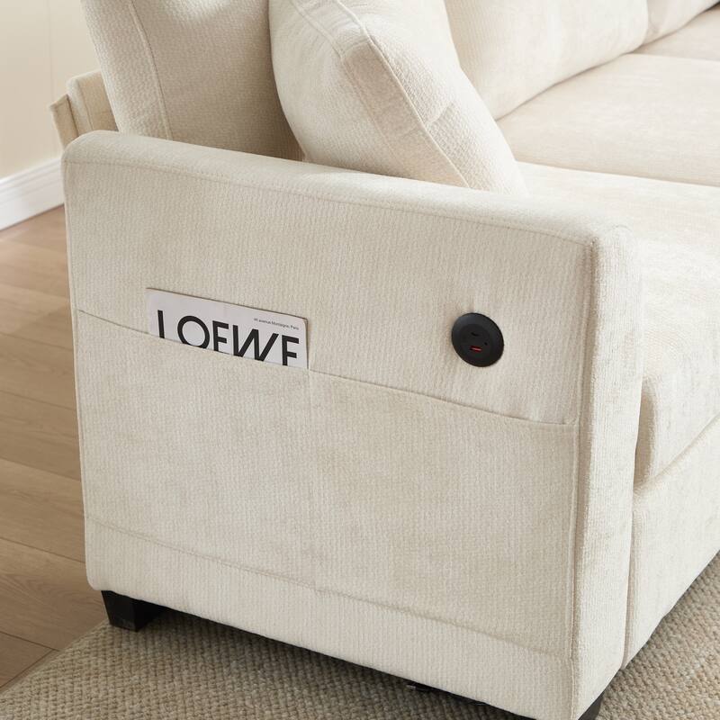 L-Shaped Modular Sectional Sofa with Storage Ottoman, 97" Chenille Corner Couch with USB Ports, Side Pockets